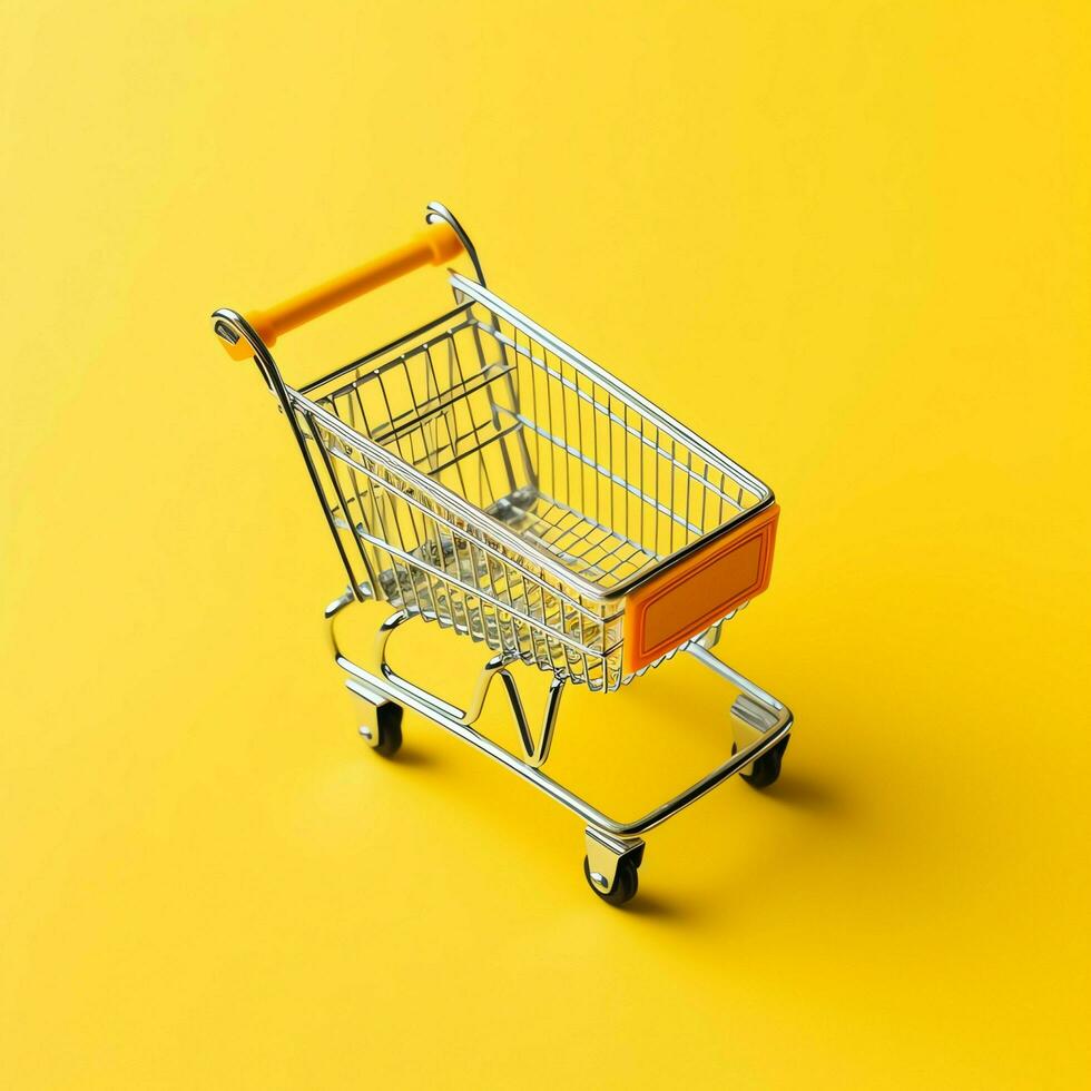 Composition of shopping cart or trolley with gift boxes or bags. Cyber monday sales or shopping day concept by AI Generated photo