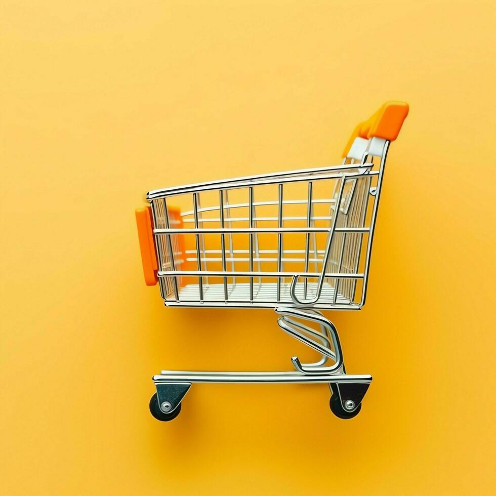 Composition of shopping cart or trolley with gift boxes or bags. Cyber monday sales or shopping day concept by AI Generated photo