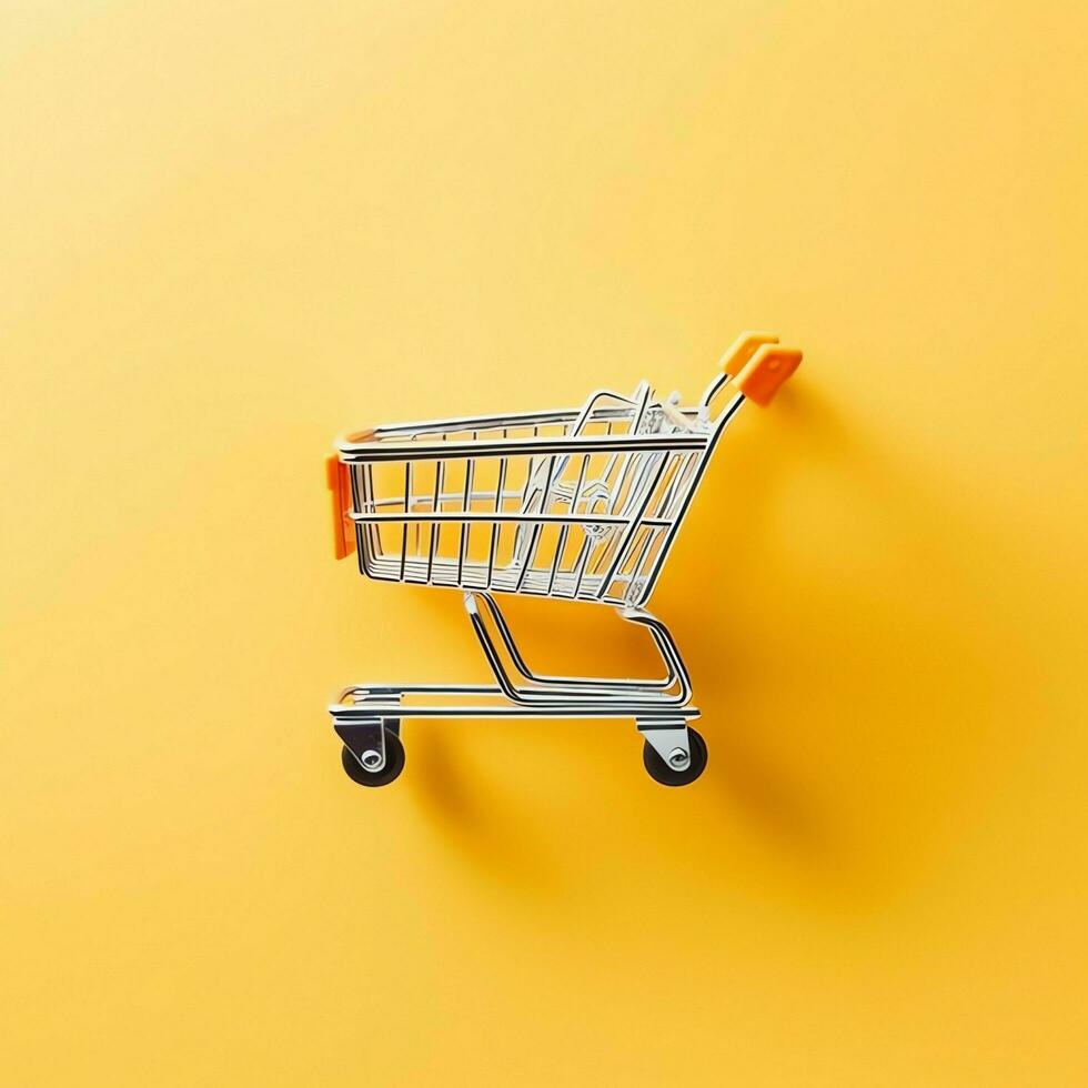 Composition of shopping cart or trolley with gift boxes or bags. Cyber monday sales or shopping day concept by AI Generated photo