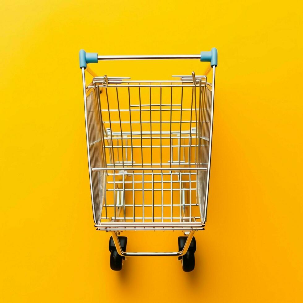 Composition of shopping cart or trolley with gift boxes or bags. Cyber monday sales or shopping day concept by AI Generated photo