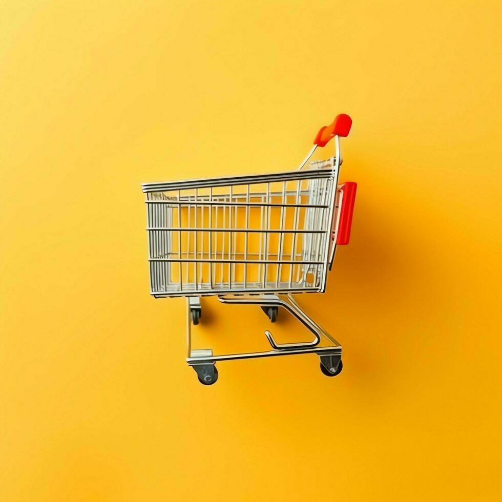 Composition of shopping cart or trolley with gift boxes or bags. Cyber monday sales or shopping day concept by AI Generated photo