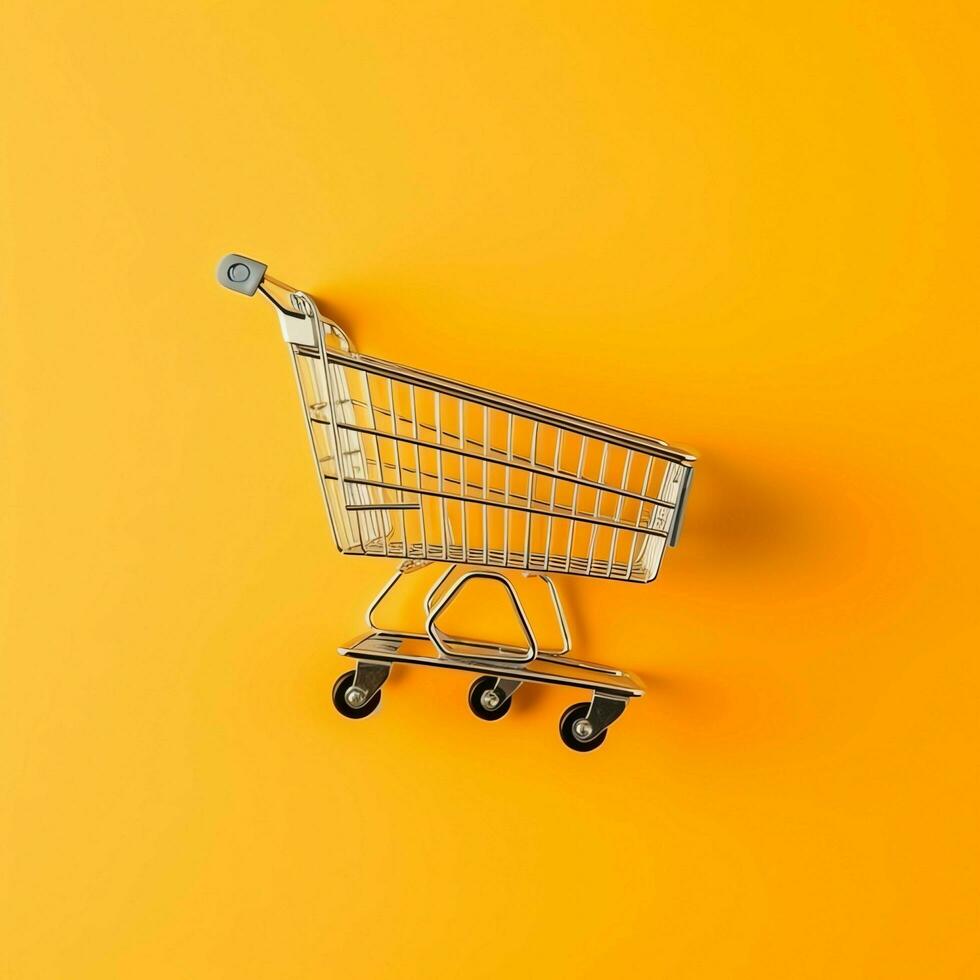 Composition of shopping cart or trolley with gift boxes or bags. Cyber monday sales or shopping day concept by AI Generated photo