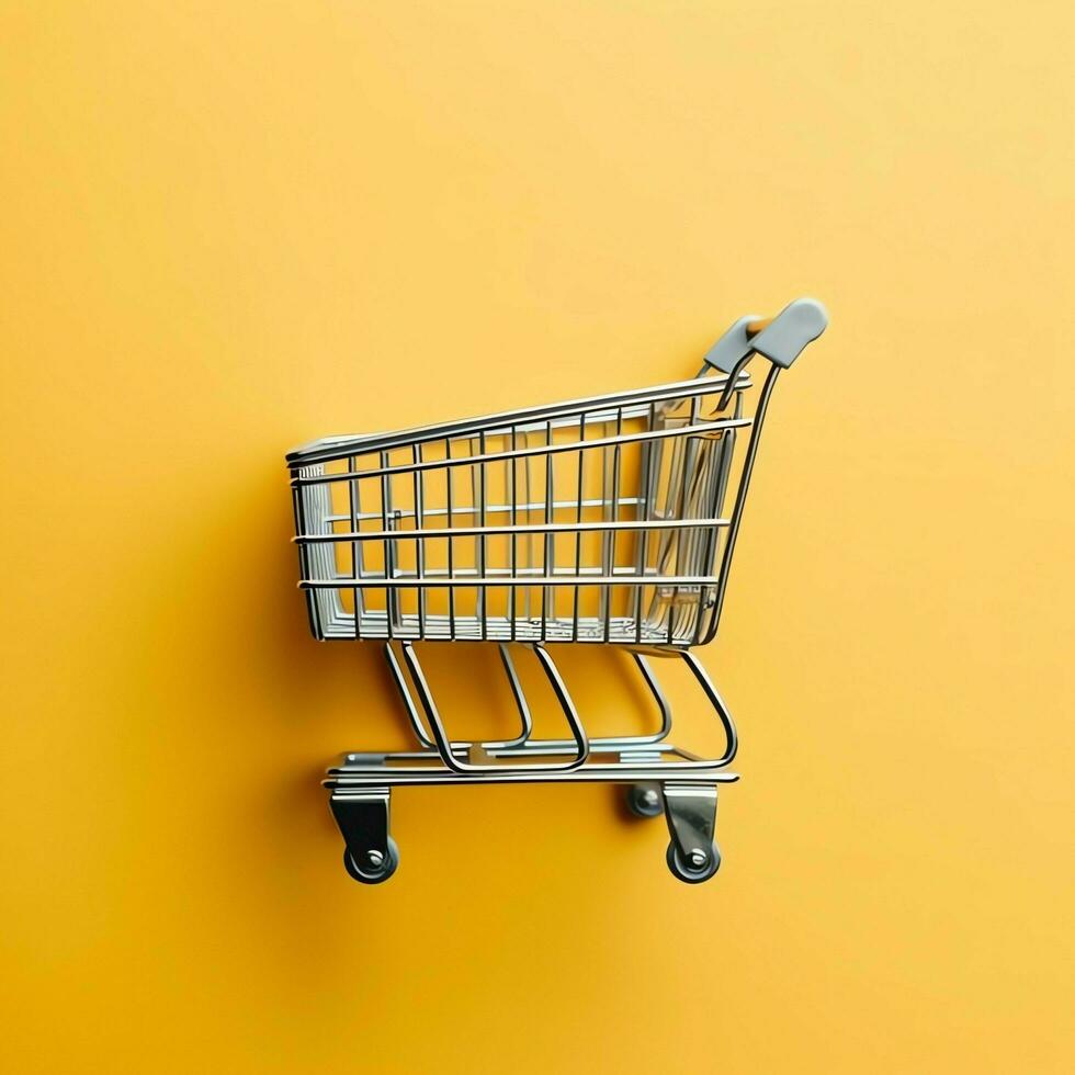 Composition of shopping cart or trolley with gift boxes or bags. Cyber monday sales or shopping day concept by AI Generated photo