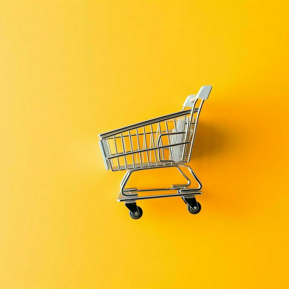 Composition of shopping cart or trolley with gift boxes or bags. Cyber monday sales or shopping day concept by AI Generated photo
