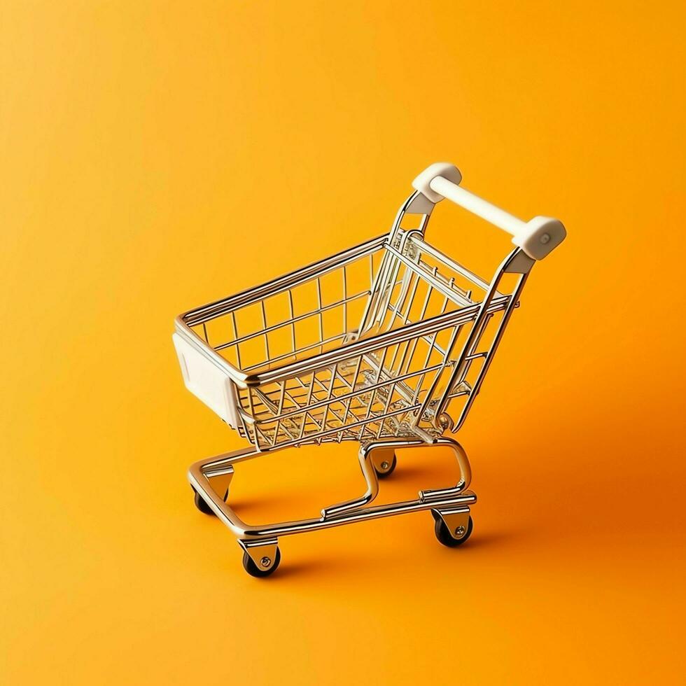 Composition of shopping cart or trolley with gift boxes or bags. Cyber monday sales or shopping day concept by AI Generated photo
