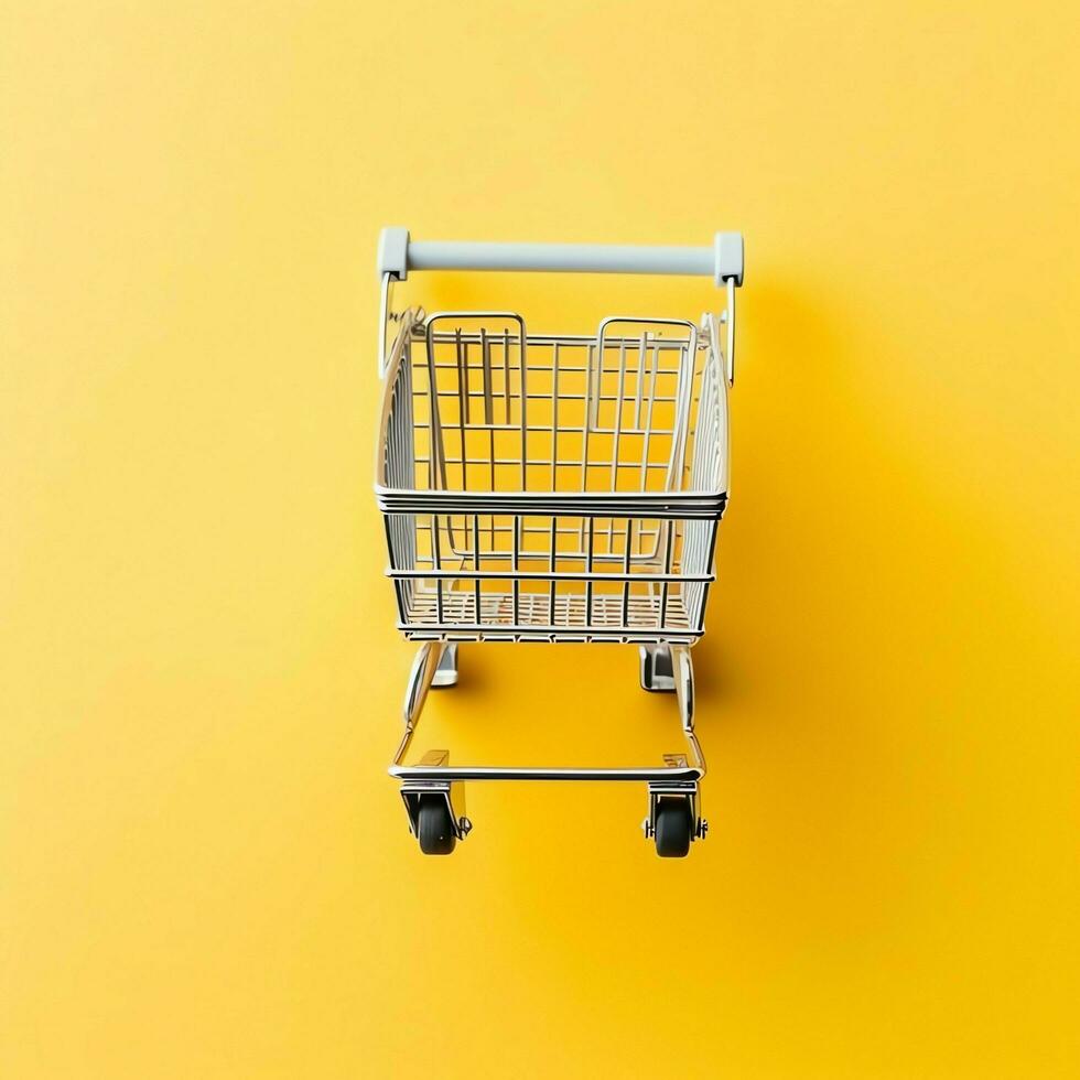 Composition of shopping cart or trolley with gift boxes or bags. Cyber monday sales or shopping day concept by AI Generated photo