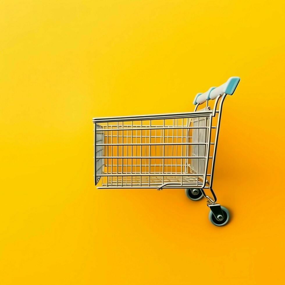 Composition of shopping cart or trolley with gift boxes or bags. Cyber monday sales or shopping day concept by AI Generated photo