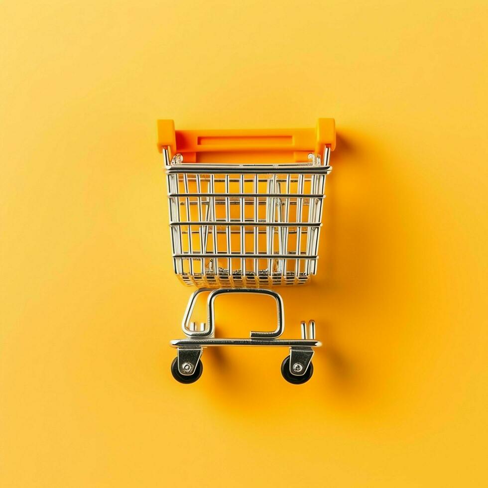 Composition of shopping cart or trolley with gift boxes or bags. Cyber monday sales or shopping day concept by AI Generated photo