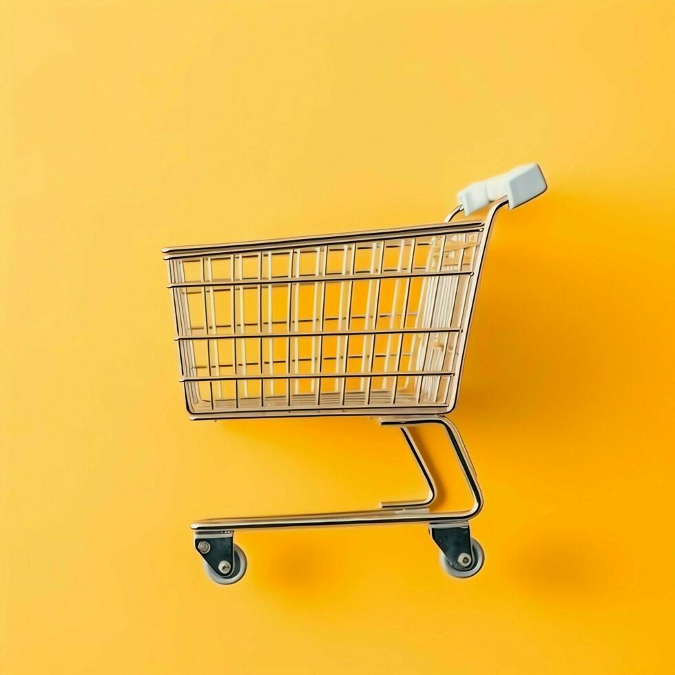 Composition of shopping cart or trolley with gift boxes or bags. Cyber monday sales or shopping day concept by AI Generated photo
