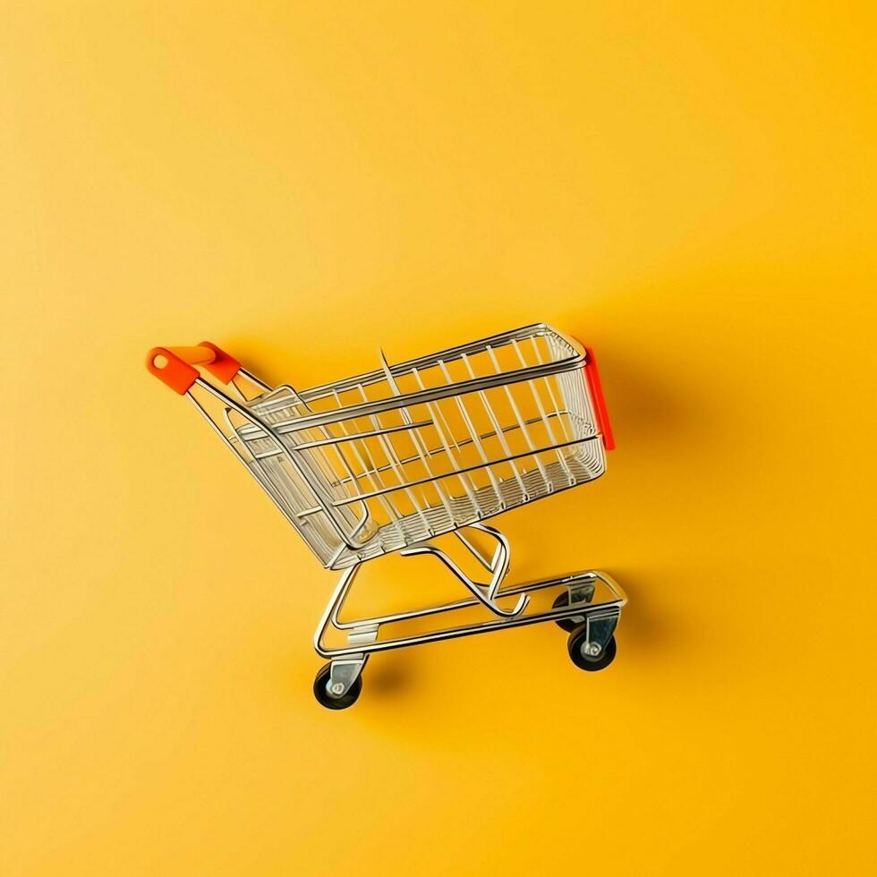 Composition of shopping cart or trolley with gift boxes or bags. Cyber monday sales or shopping day concept by AI Generated photo