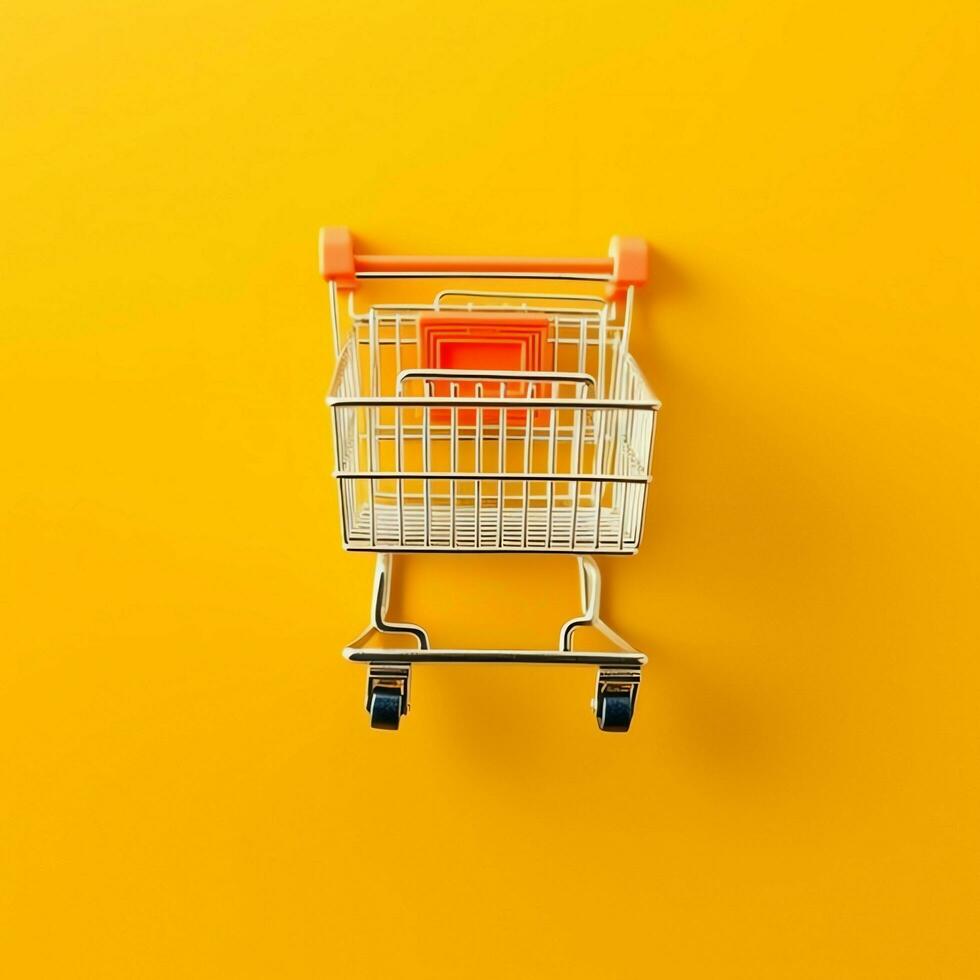 Composition of shopping cart or trolley with gift boxes or bags. Cyber monday sales or shopping day concept by AI Generated photo