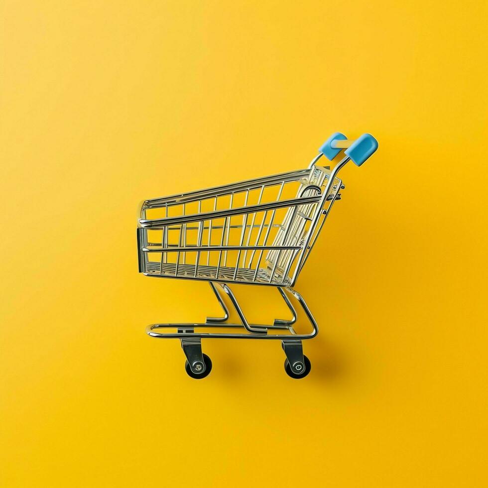 Composition of shopping cart or trolley with gift boxes or bags. Cyber monday sales or shopping day concept by AI Generated photo