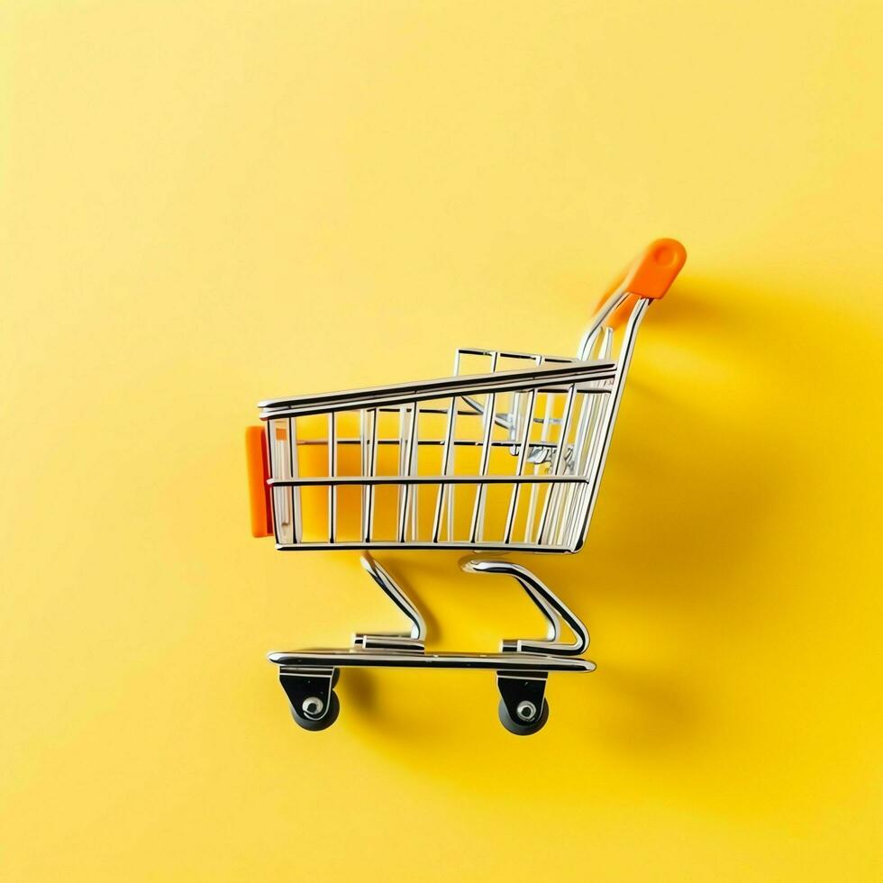 Composition of shopping cart or trolley with gift boxes or bags. Cyber monday sales or shopping day concept by AI Generated photo