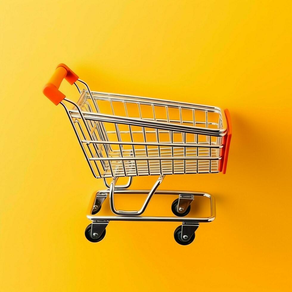 Composition of shopping cart or trolley with gift boxes or bags. Cyber monday sales or shopping day concept by AI Generated photo