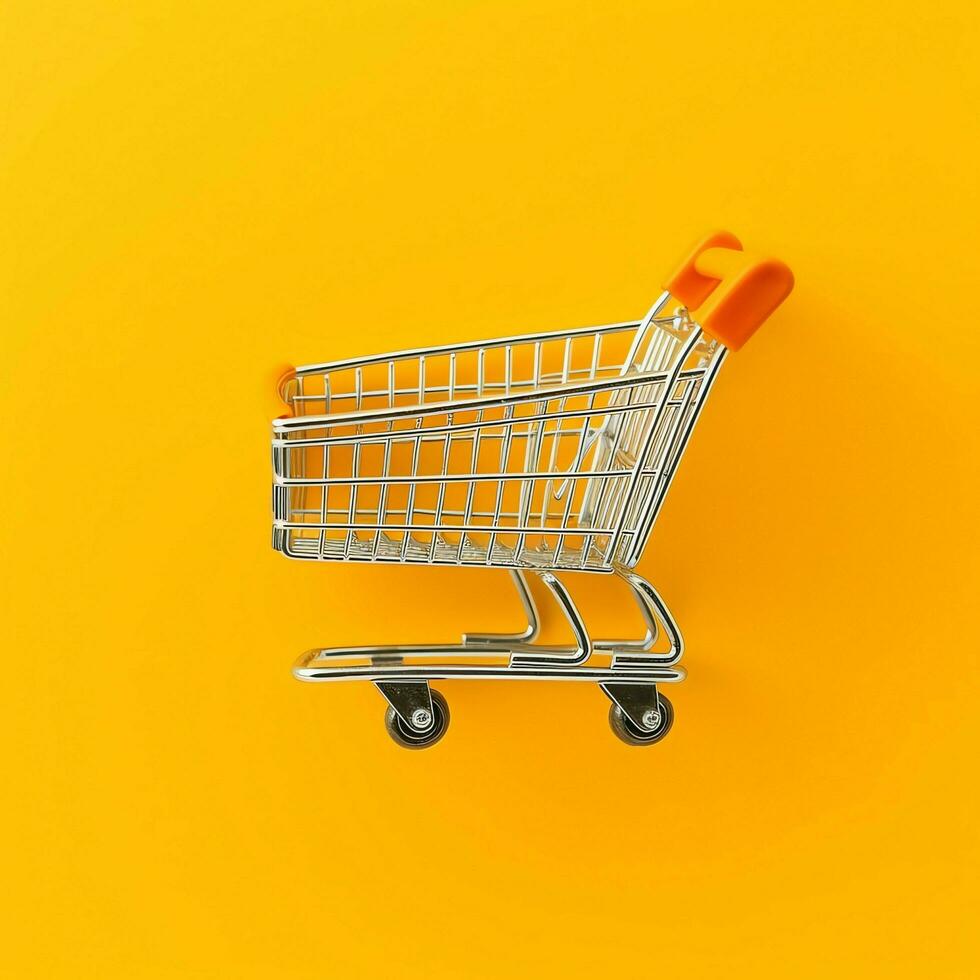 Composition of shopping cart or trolley with gift boxes or bags. Cyber monday sales or shopping day concept by AI Generated photo