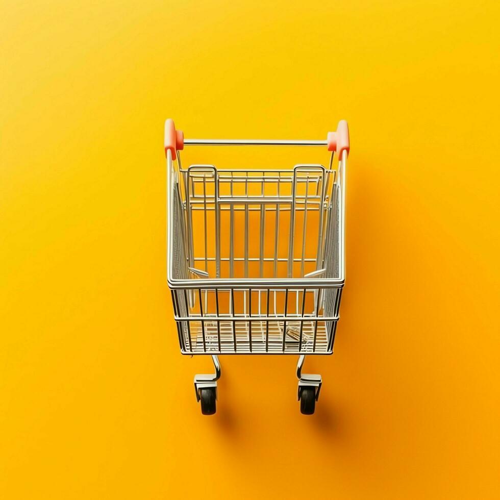 Composition of shopping cart or trolley with gift boxes or bags. Cyber monday sales or shopping day concept by AI Generated photo