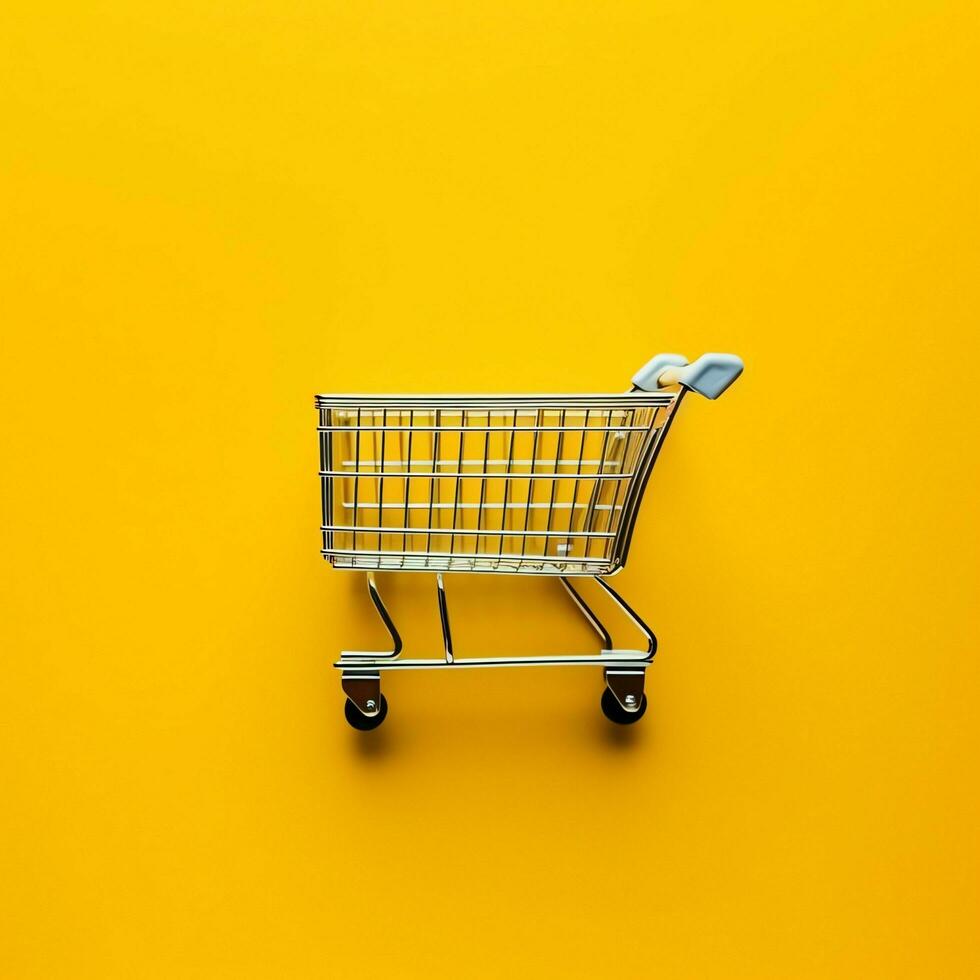 Composition of shopping cart or trolley with gift boxes or bags. Cyber monday sales or shopping day concept by AI Generated photo