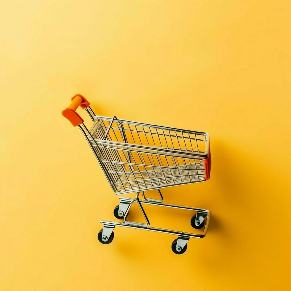 Composition of shopping cart or trolley with gift boxes or bags. Cyber monday sales or shopping day concept by AI Generated photo
