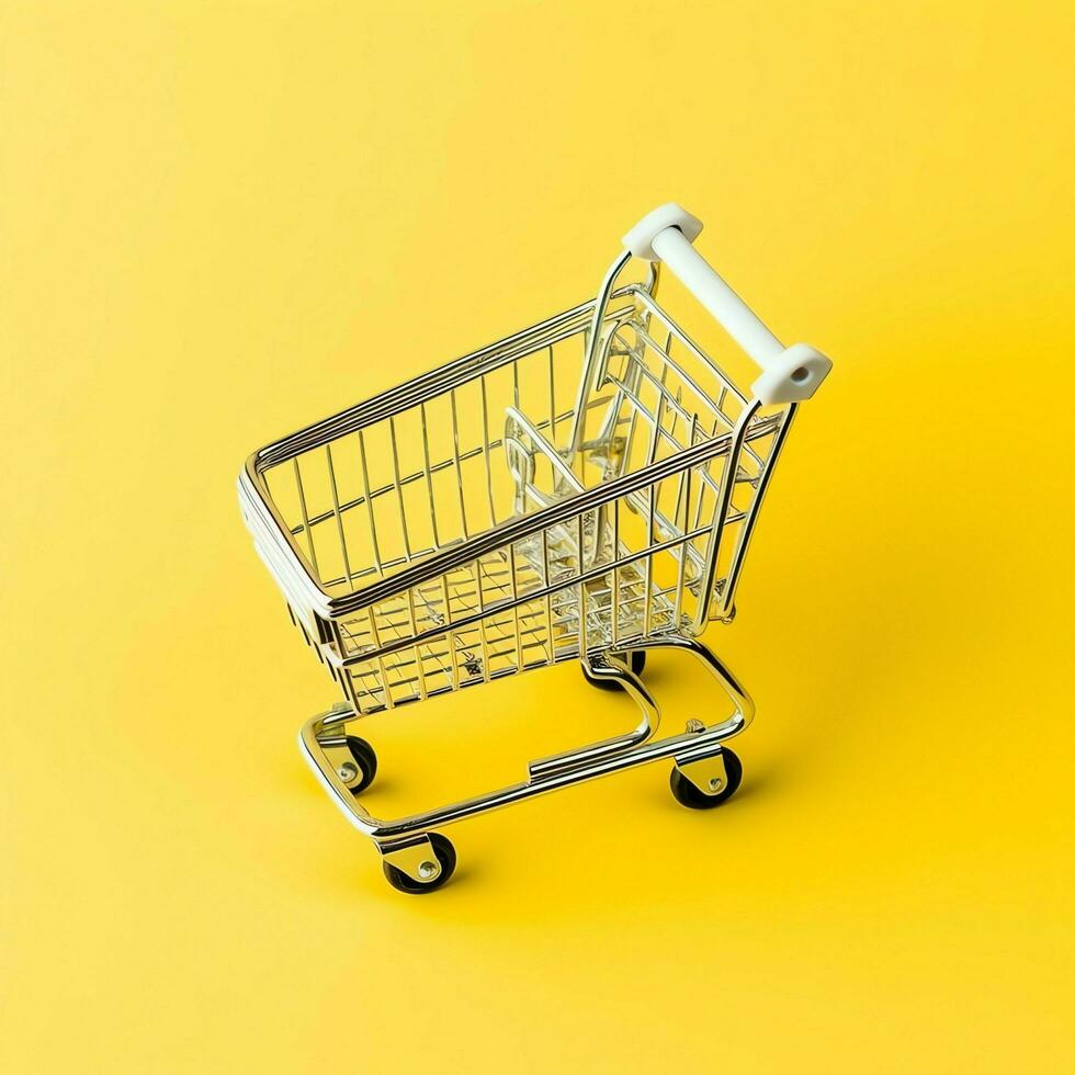 Composition of shopping cart or trolley with gift boxes or bags. Cyber monday sales or shopping day concept by AI Generated photo