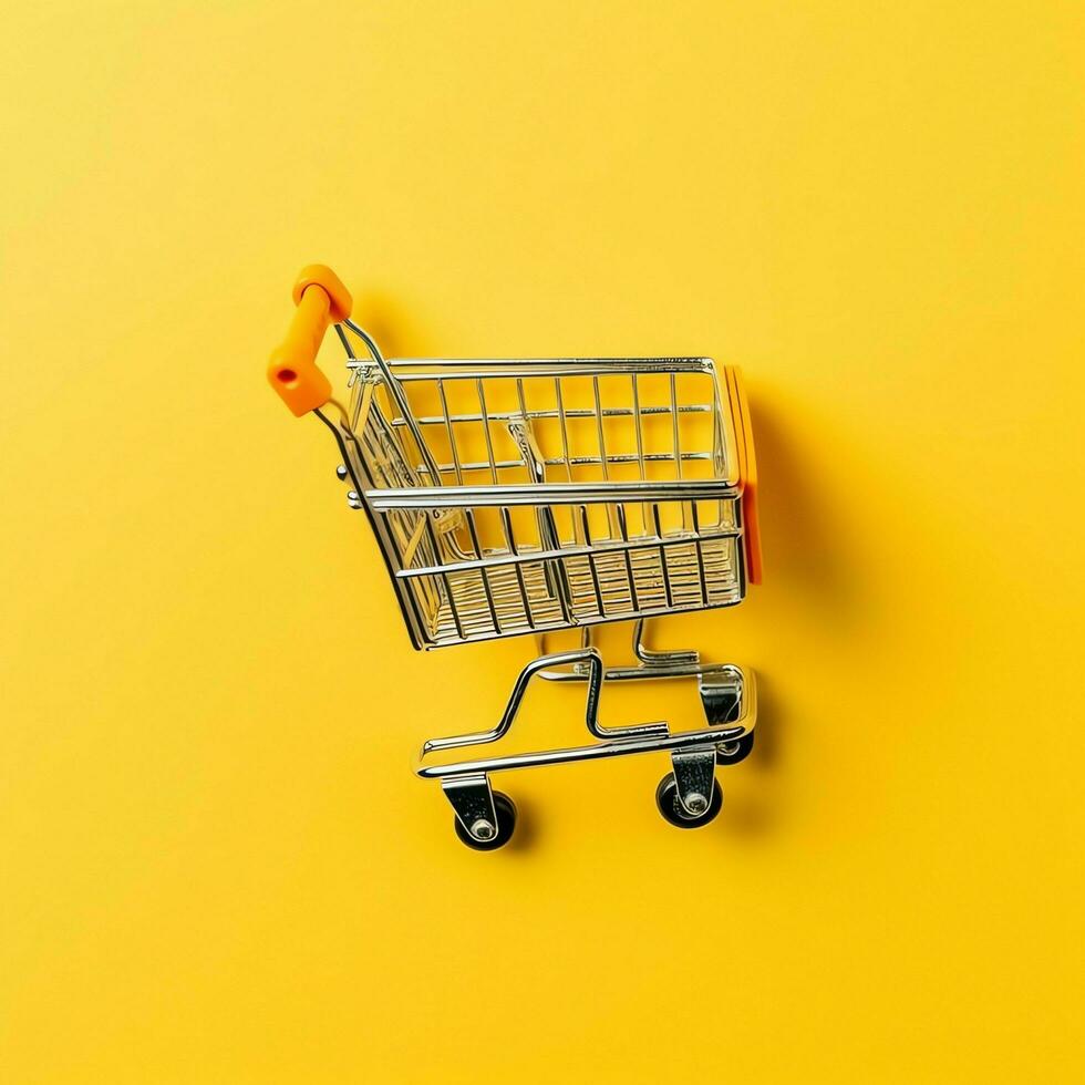Composition of shopping cart or trolley with gift boxes or bags. Cyber monday sales or shopping day concept by AI Generated photo