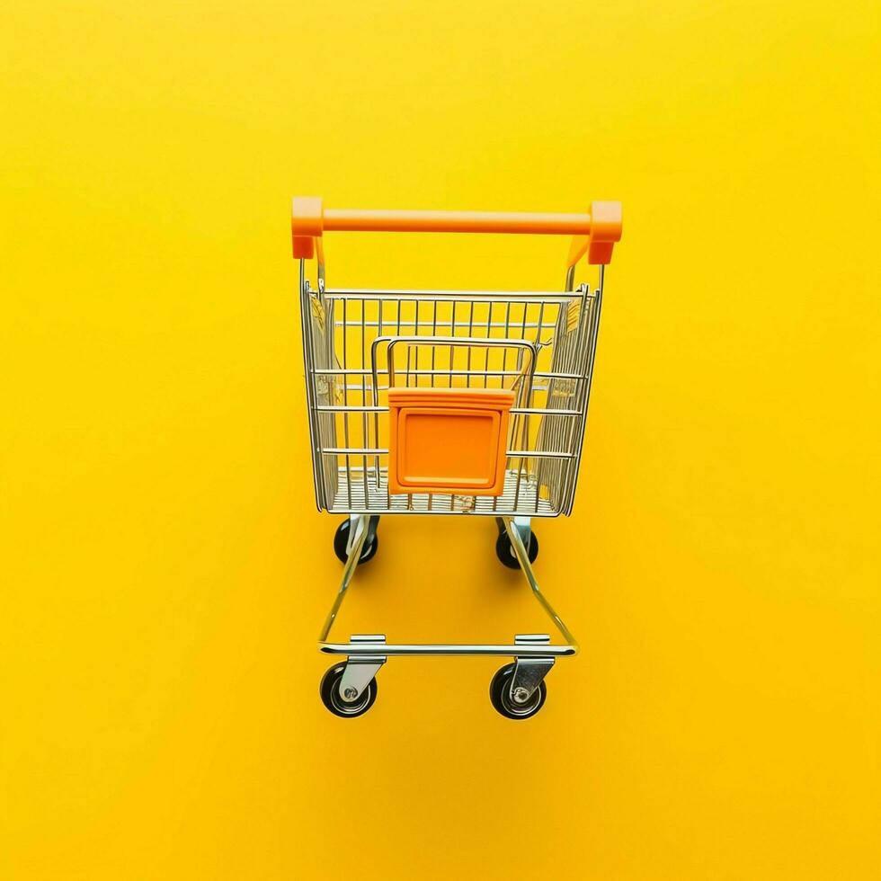 Composition of shopping cart or trolley with gift boxes or bags. Cyber monday sales or shopping day concept by AI Generated photo