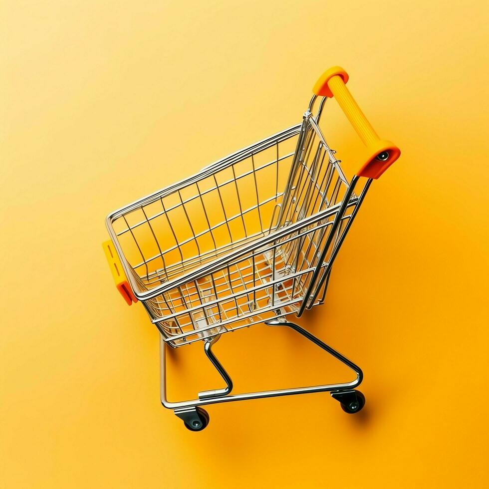 Composition of shopping cart or trolley with gift boxes or bags. Cyber monday sales or shopping day concept by AI Generated photo