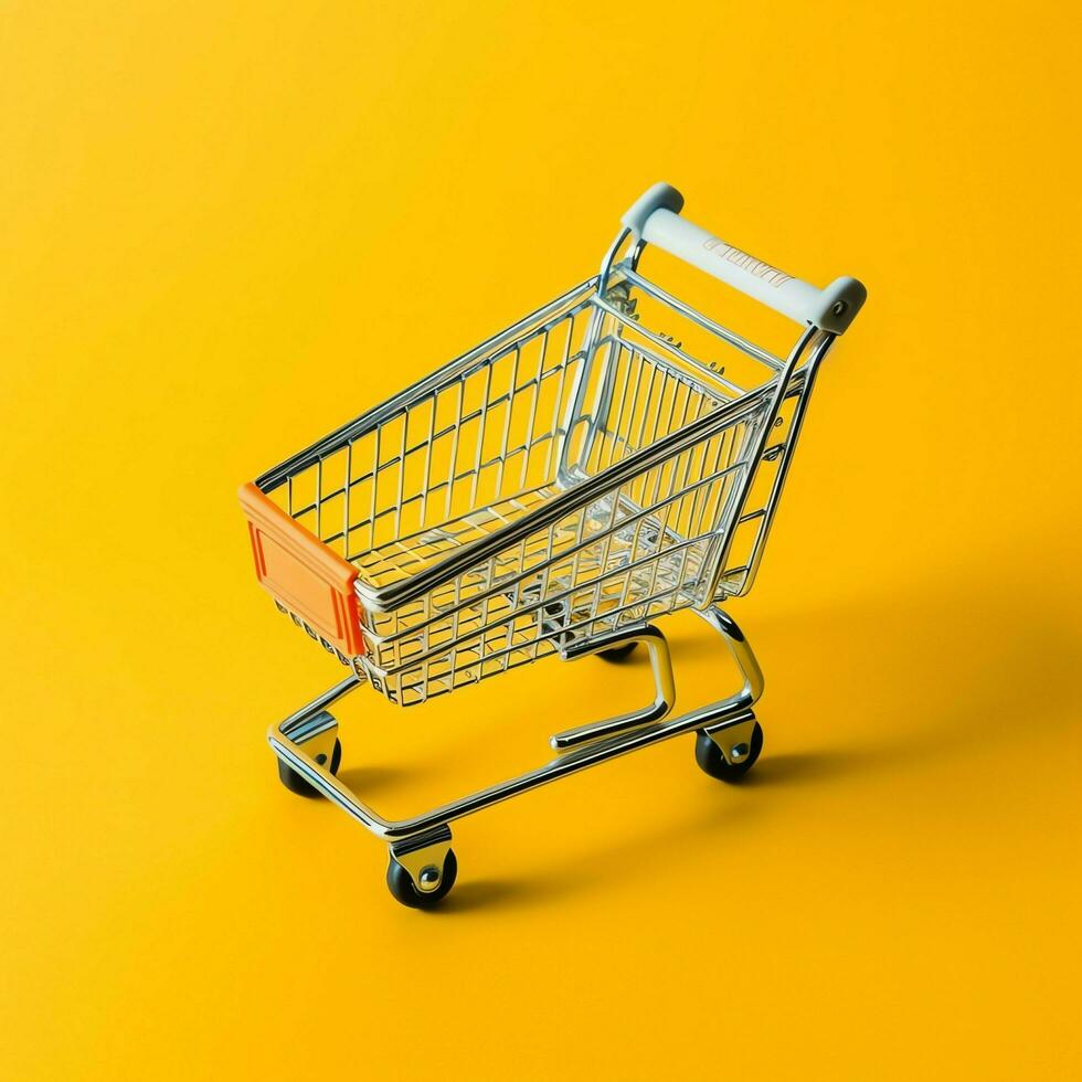 Composition of shopping cart or trolley with gift boxes or bags. Cyber monday sales or shopping day concept by AI Generated photo