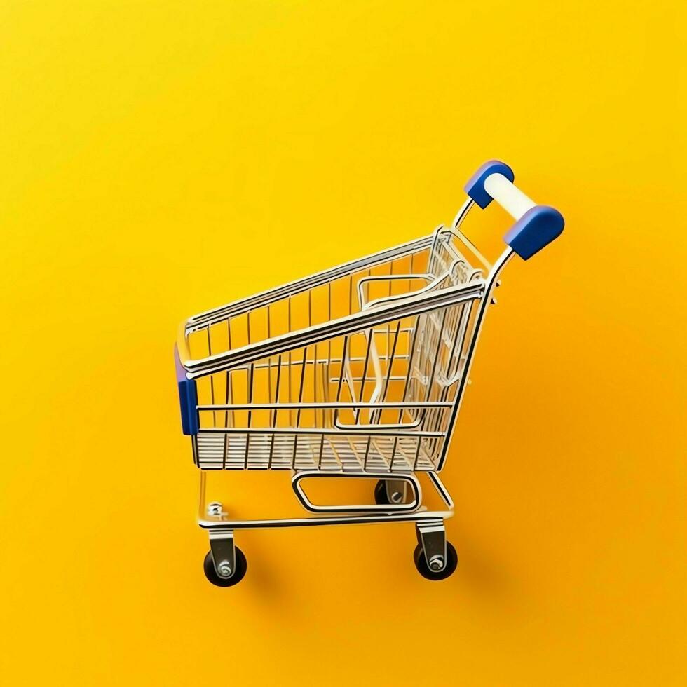 Composition of shopping cart or trolley with gift boxes or bags. Cyber monday sales or shopping day concept by AI Generated photo