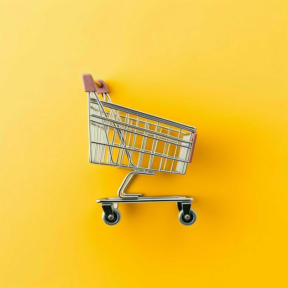 Composition of shopping cart or trolley with gift boxes or bags. Cyber monday sales or shopping day concept by AI Generated photo