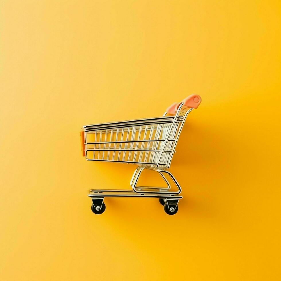 Composition of shopping cart or trolley with gift boxes or bags. Cyber monday sales or shopping day concept by AI Generated photo
