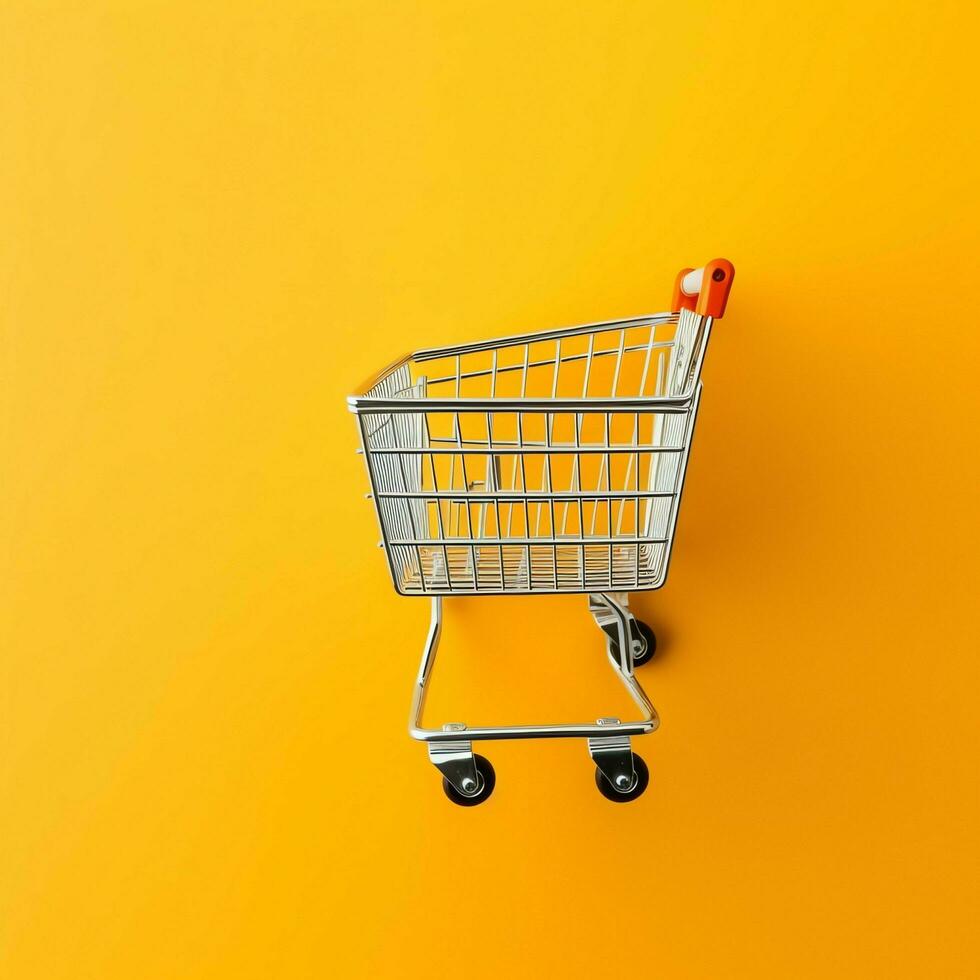 Composition of shopping cart or trolley with gift boxes or bags. Cyber monday sales or shopping day concept by AI Generated photo