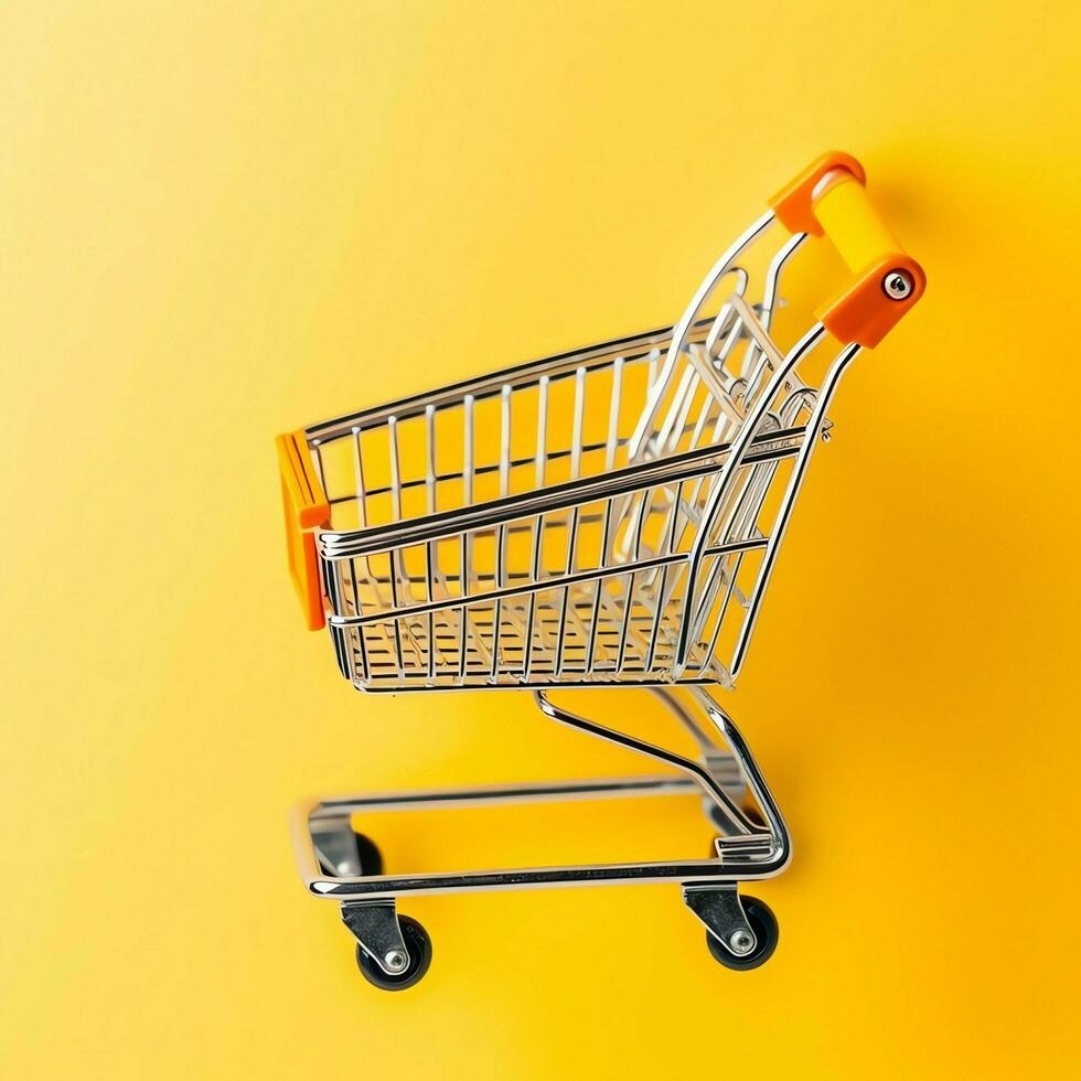 Composition of shopping cart or trolley with gift boxes or bags. Cyber monday sales or shopping day concept by AI Generated photo