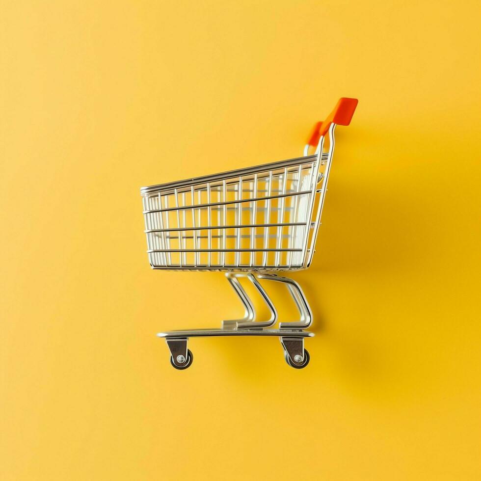 Composition of shopping cart or trolley with gift boxes or bags. Cyber monday sales or shopping day concept by AI Generated photo