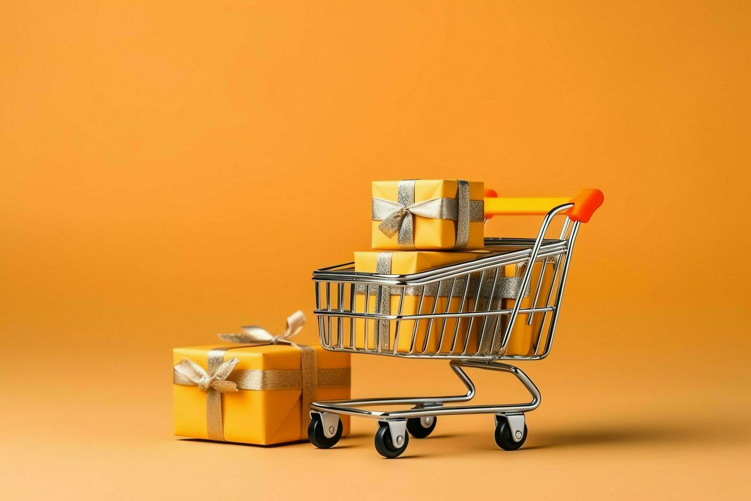 Composition of shopping cart or trolley with gift boxes or bags. Cyber monday sales or shopping day concept by AI Generated photo