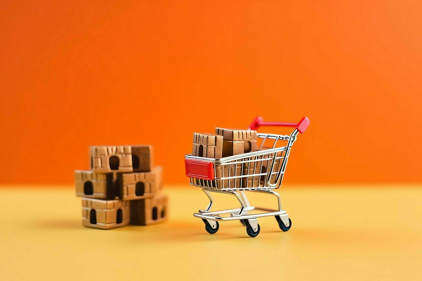 Composition of shopping cart or trolley with gift boxes or bags. Cyber monday sales or shopping day concept by AI Generated photo