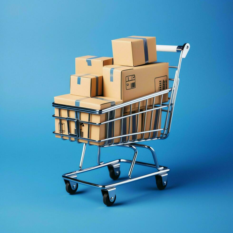 Composition of shopping cart or trolley with gift boxes or bags. Cyber monday sales or shopping day concept by AI Generated photo