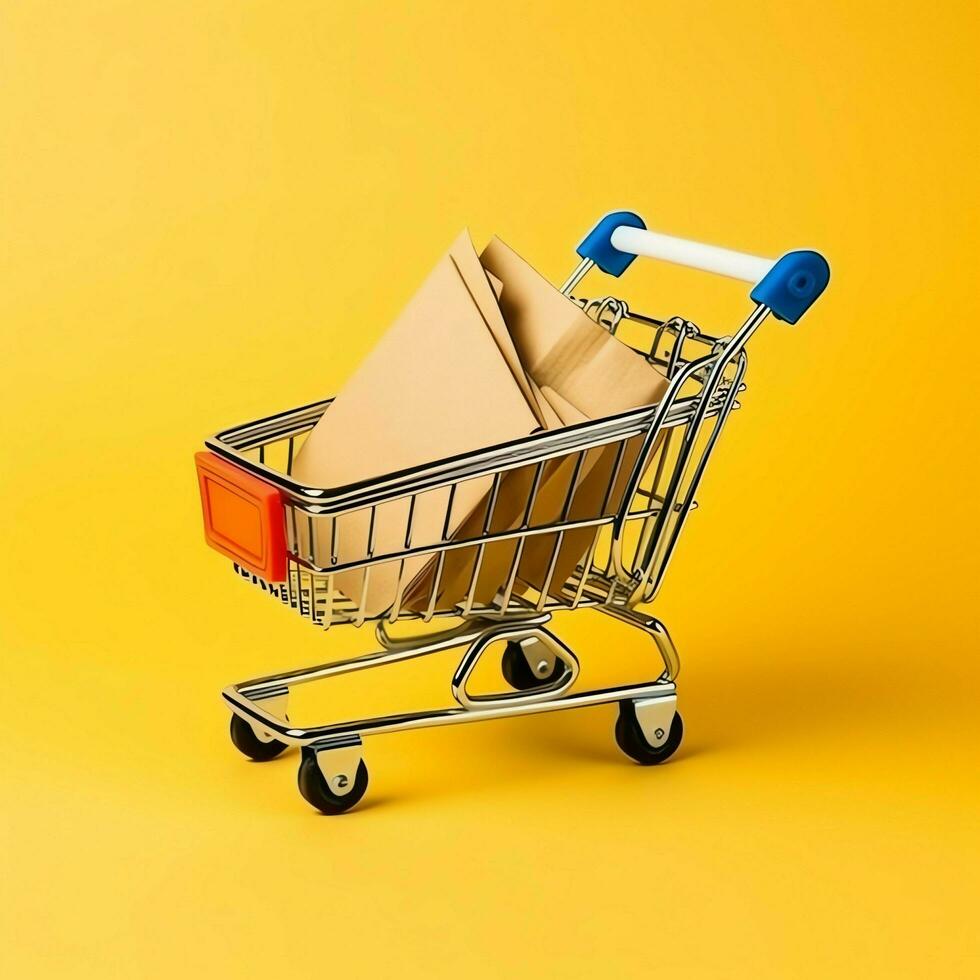 Composition of shopping cart or trolley with gift boxes or bags. Cyber monday sales or shopping day concept by AI Generated photo