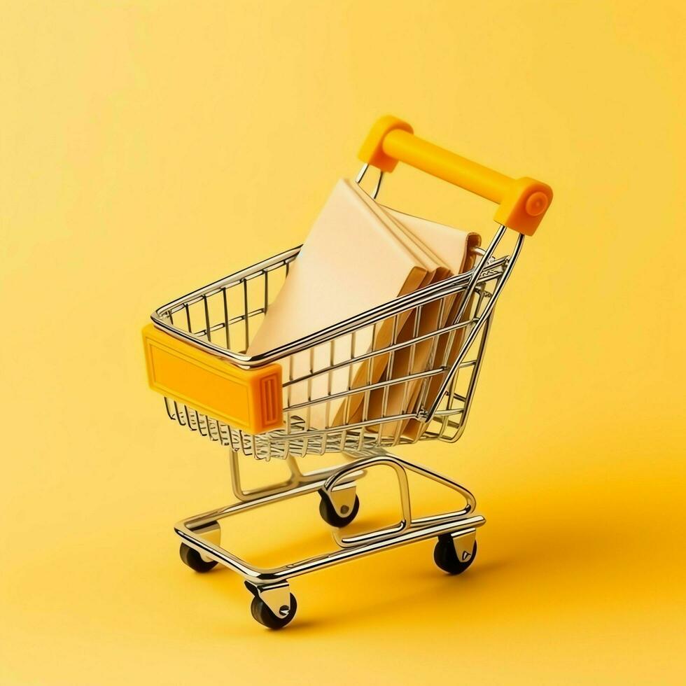 Composition of shopping cart or trolley with gift boxes or bags. Cyber monday sales or shopping day concept by AI Generated photo