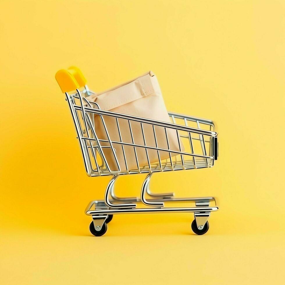 Composition of shopping cart or trolley with gift boxes or bags. Cyber monday sales or shopping day concept by AI Generated photo