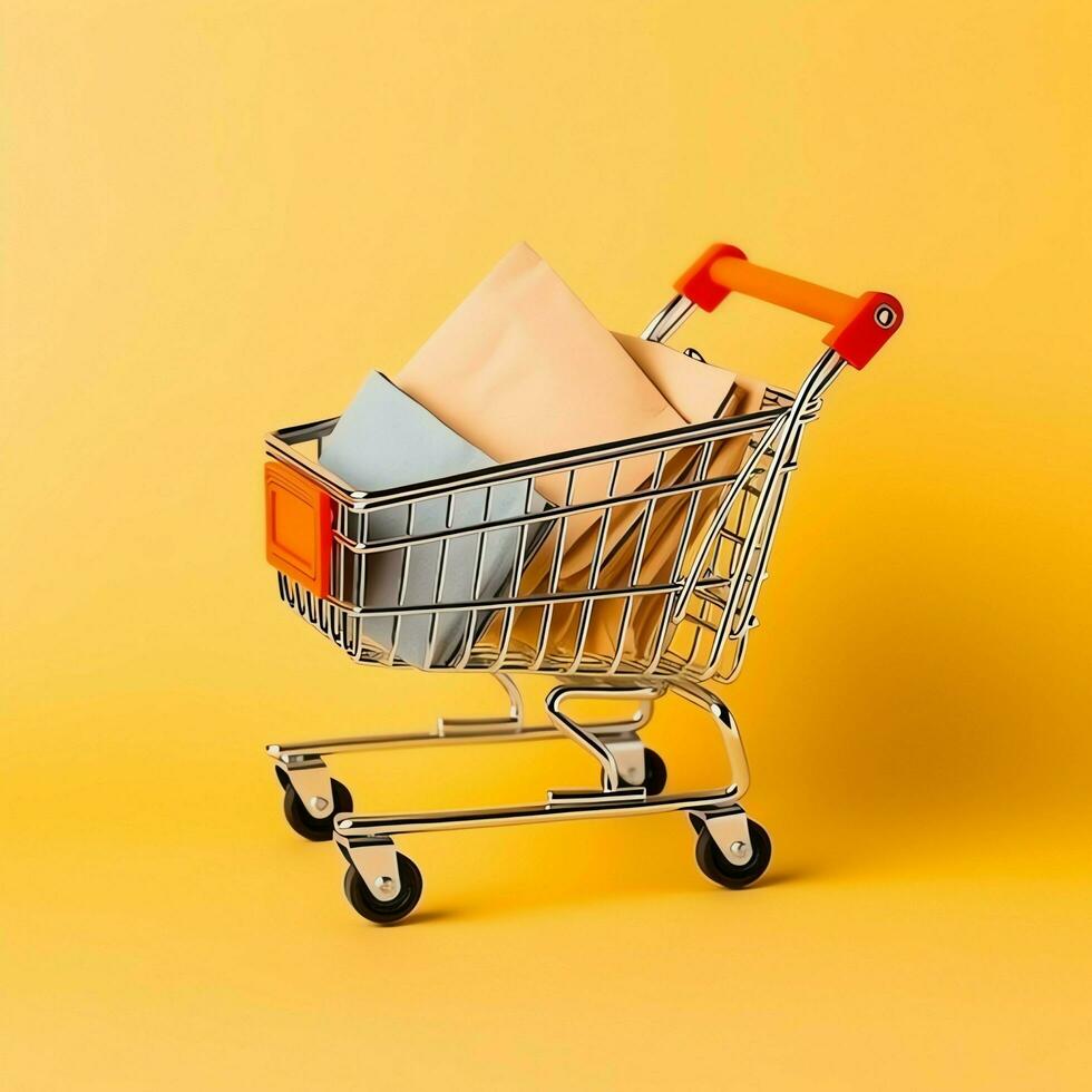 composición de compras carro o carretilla con regalo cajas o bolsas. ciber lunes ventas o compras día concepto por ai generado foto