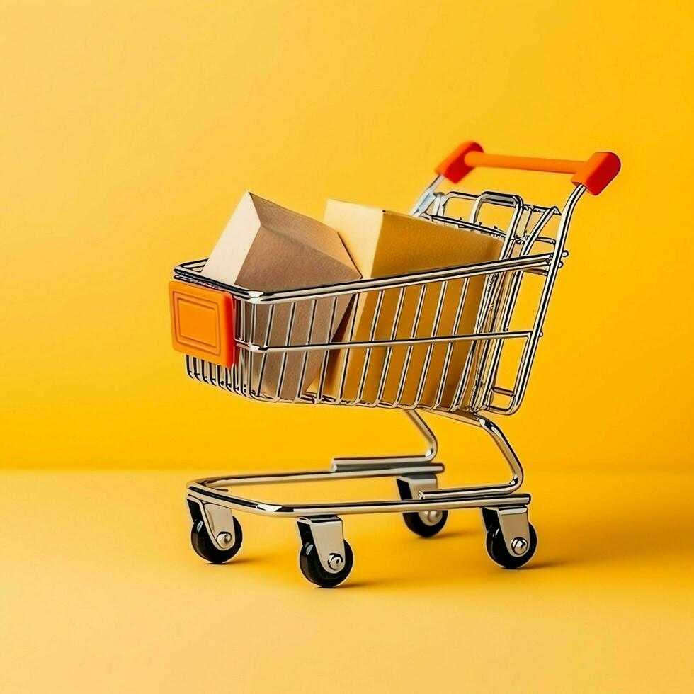 Composition of shopping cart or trolley with gift boxes or bags. Cyber monday sales or shopping day concept by AI Generated photo