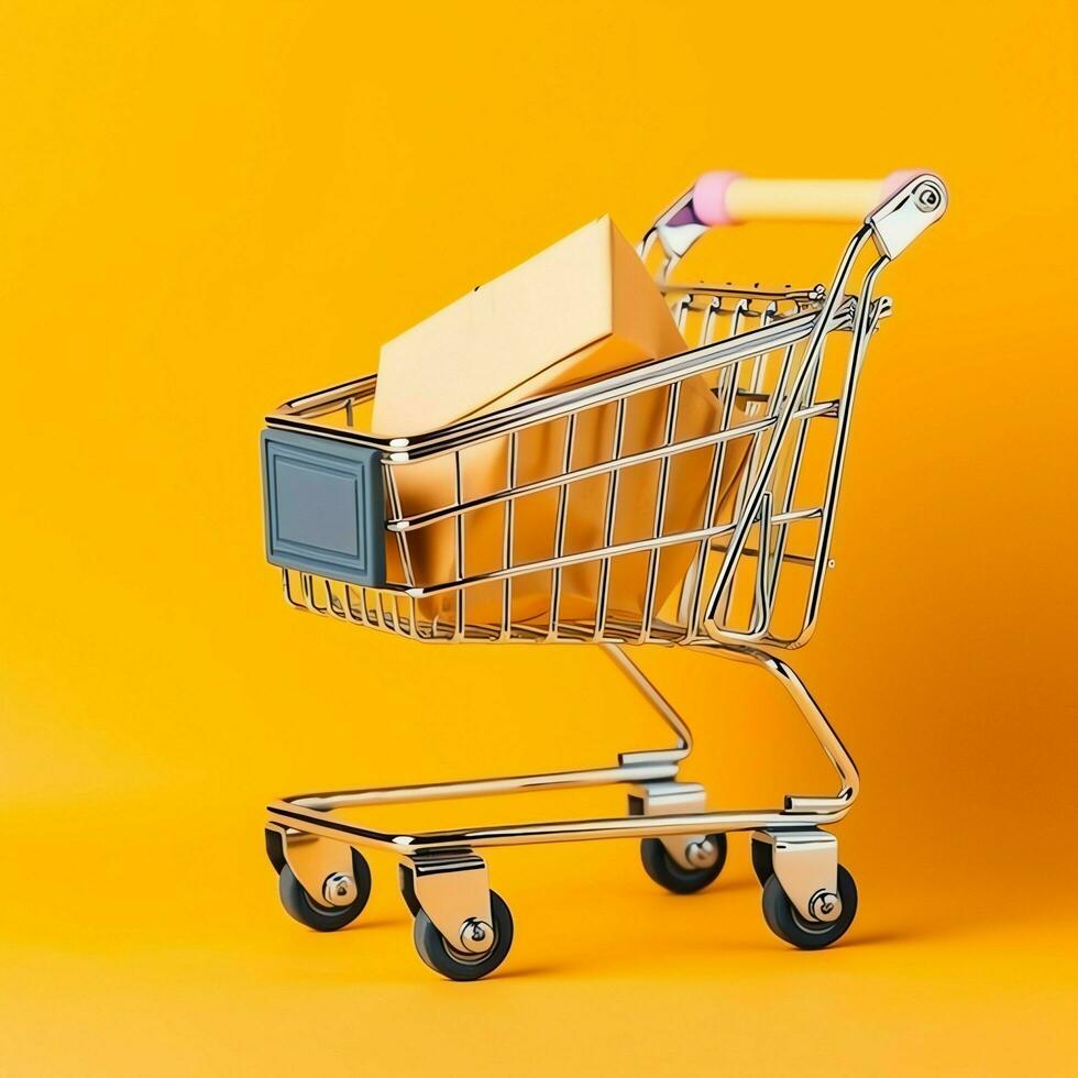 Composition of shopping cart or trolley with gift boxes or bags. Cyber monday sales or shopping day concept by AI Generated photo
