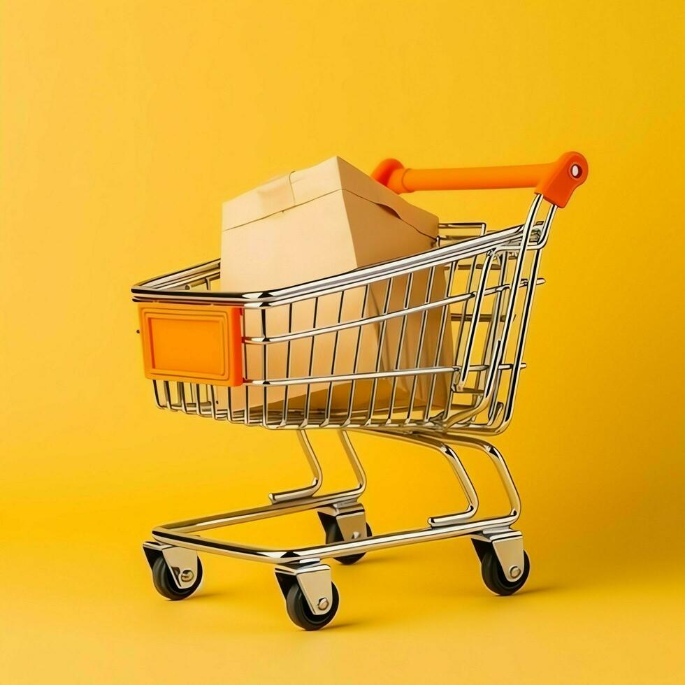 Composition of shopping cart or trolley with gift boxes or bags. Cyber monday sales or shopping day concept by AI Generated photo