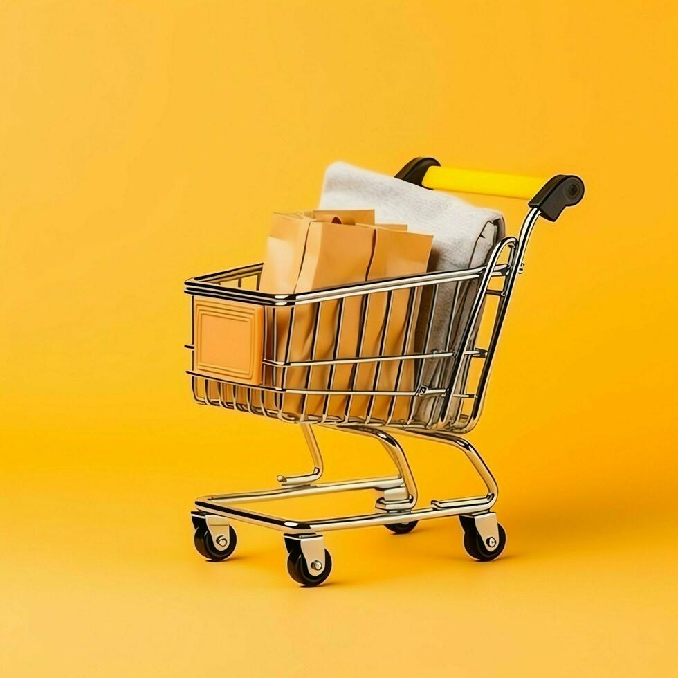 Composition of shopping cart or trolley with gift boxes or bags. Cyber monday sales or shopping day concept by AI Generated photo