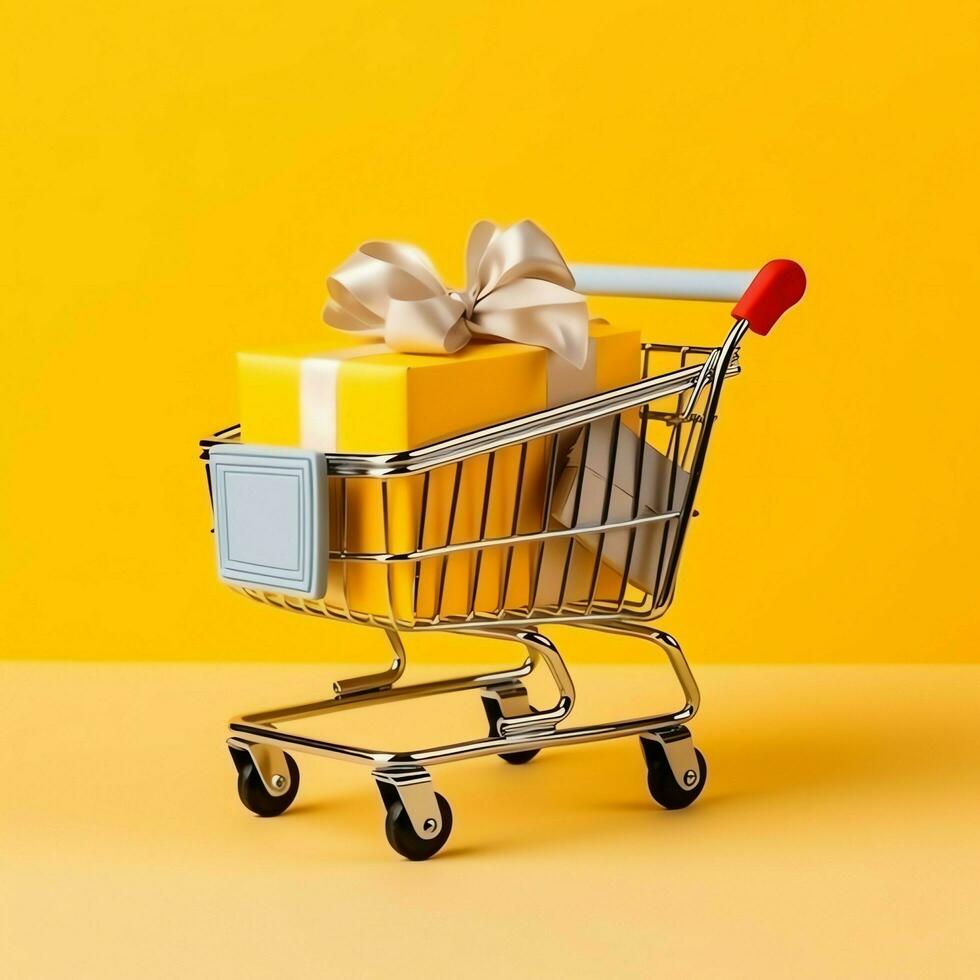 Composition of shopping cart or trolley with gift boxes or bags. Cyber monday sales or shopping day concept by AI Generated photo