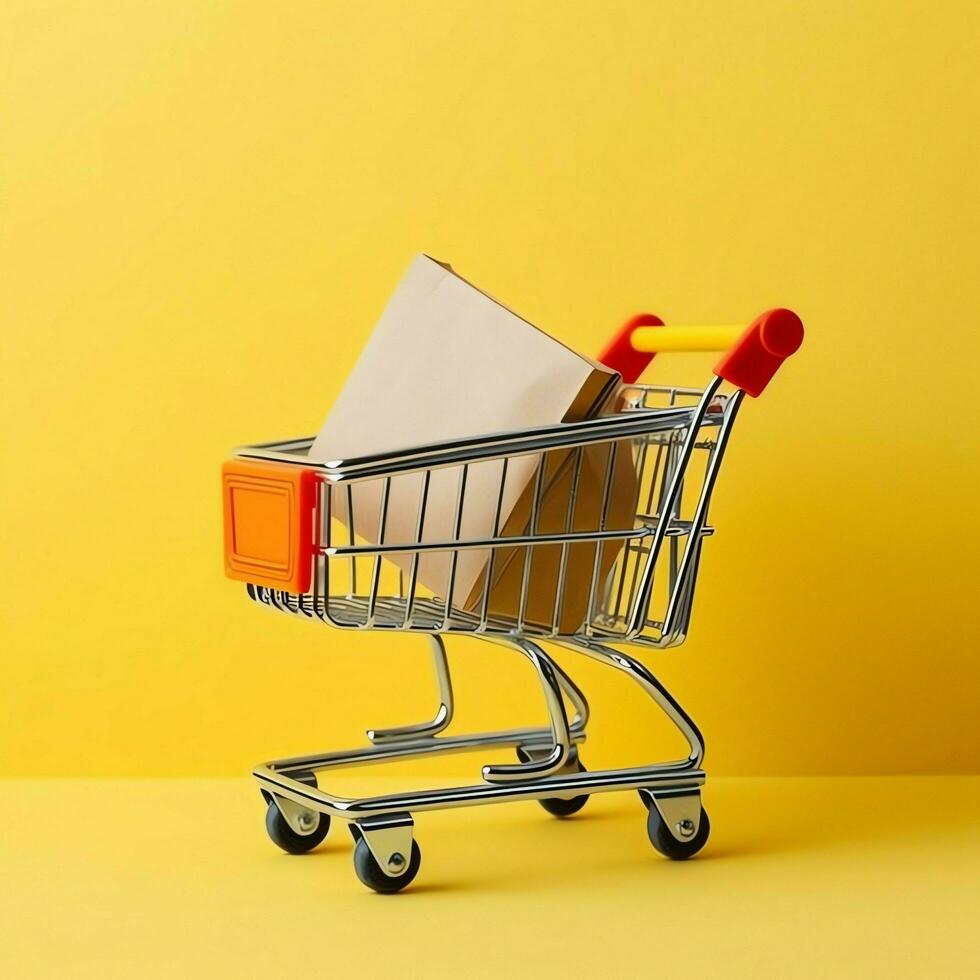 Composition of shopping cart or trolley with gift boxes or bags. Cyber monday sales or shopping day concept by AI Generated photo