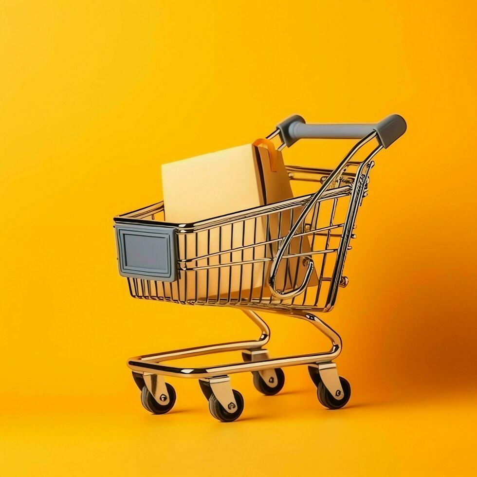 Composition of shopping cart or trolley with gift boxes or bags. Cyber monday sales or shopping day concept by AI Generated photo