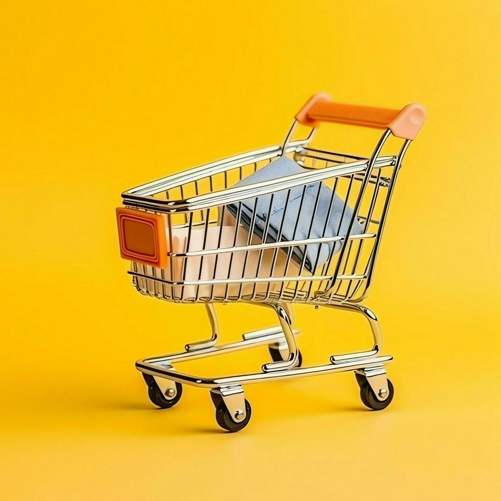 Composition of shopping cart or trolley with gift boxes or bags. Cyber monday sales or shopping day concept by AI Generated photo