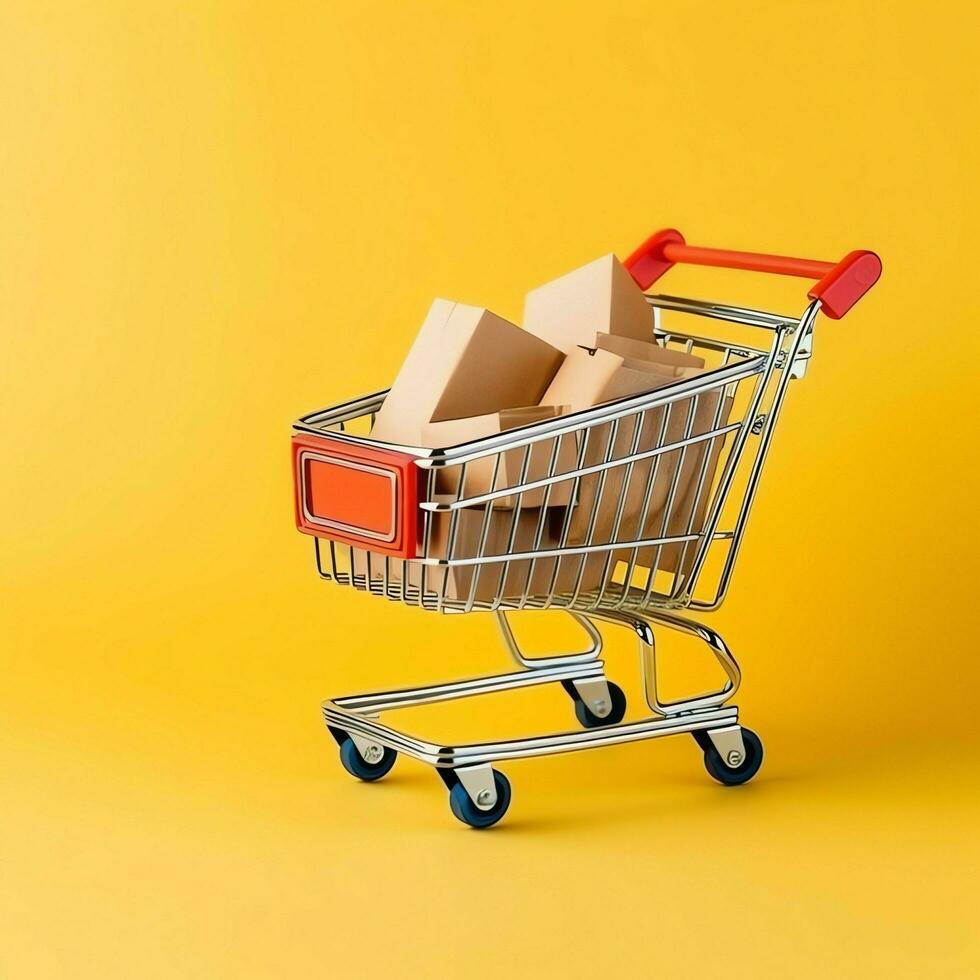 Composition of shopping cart or trolley with gift boxes or bags. Cyber monday sales or shopping day concept by AI Generated photo