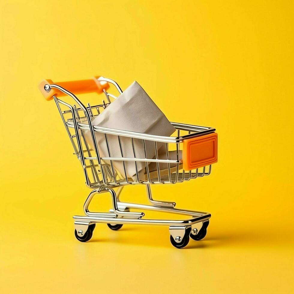 Composition of shopping cart or trolley with gift boxes or bags. Cyber monday sales or shopping day concept by AI Generated photo